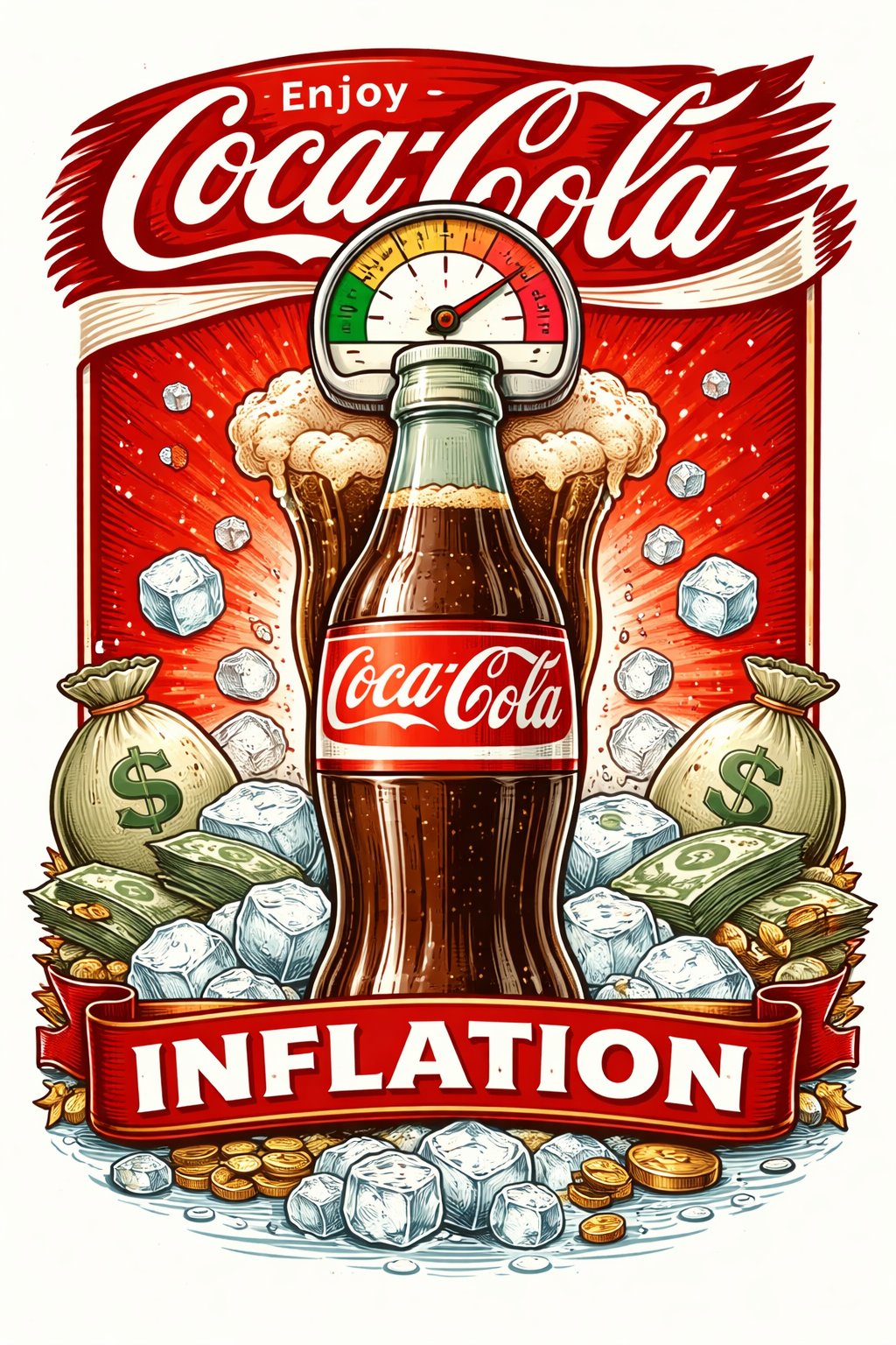 Vintage-style illustration of a cola bottle surrounded by money bags, cash, and ice, with an inflation dial above and an INFLATION banner below